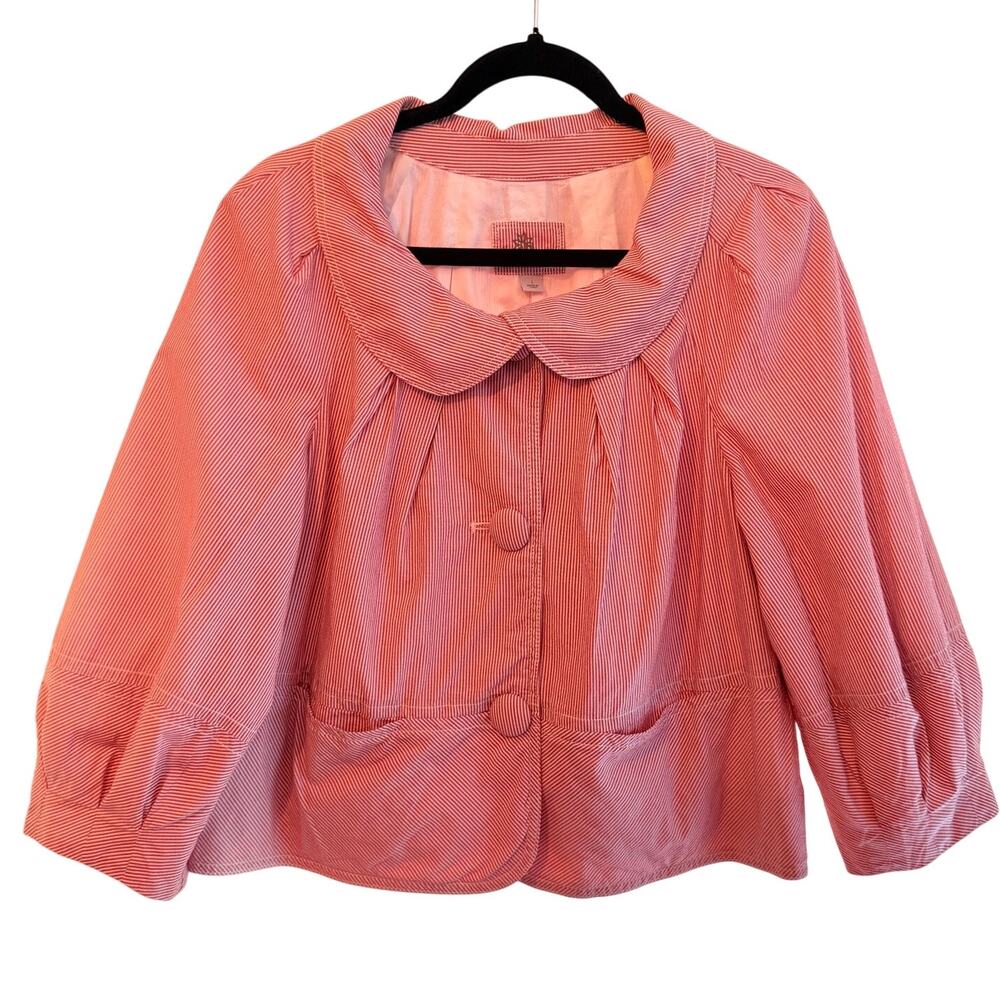 Caslon Women's Red Jacket Striped Seersucker Crop Peter Pan Collar Button Large
